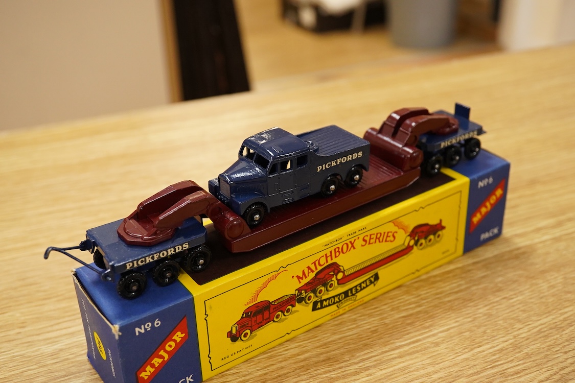 Fourteen Matchbox Series and early boxed Models of Yesteryear, including three Major Packs; No.1; Caterpillar Earthmover, No.3; Mighty Antar tank transporter and Centurion tank, No.6; Scammell transporter, together with